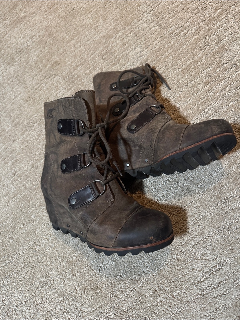 Sorel Brown Lace-Up Wedge Ankle Boots
